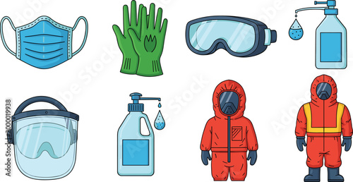 Personal Protective Equipment (PPE) Icon Set for Health and Safety with Mask, Gloves, Goggles, Hazardous Suit, and Disinfectant for Workplace Safety