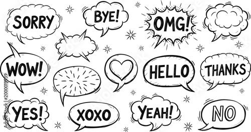 Hand drawn speech bubbles with common expressions and emoticons