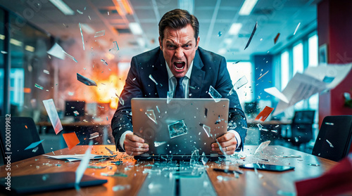 Furious businessman destroying laptop at office desk with glass shards and papers flying in explosive rage. Extreme work stress burnout and emotional breakdown from business failure and corporate