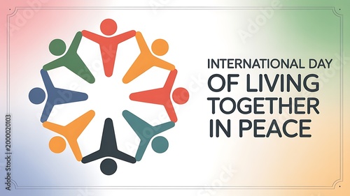 International Day of Living Together in Peace banner, colorful circle of diverse people icons, global unity and harmony concept illustration
