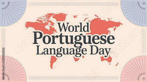 World Portuguese Language Day banner with red world map, vintage aesthetic celebration poster, cultural heritage event background with geometric fans