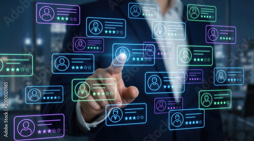 Businessman touching digital user profile with star ratings floating in network interface. Customer review and employee rating evaluation system. Social platform feedback score and talent management