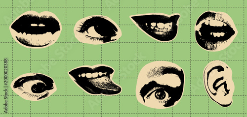 Eyes, lips and ear photocopy effect collection. Grunge monochrome collage elements set