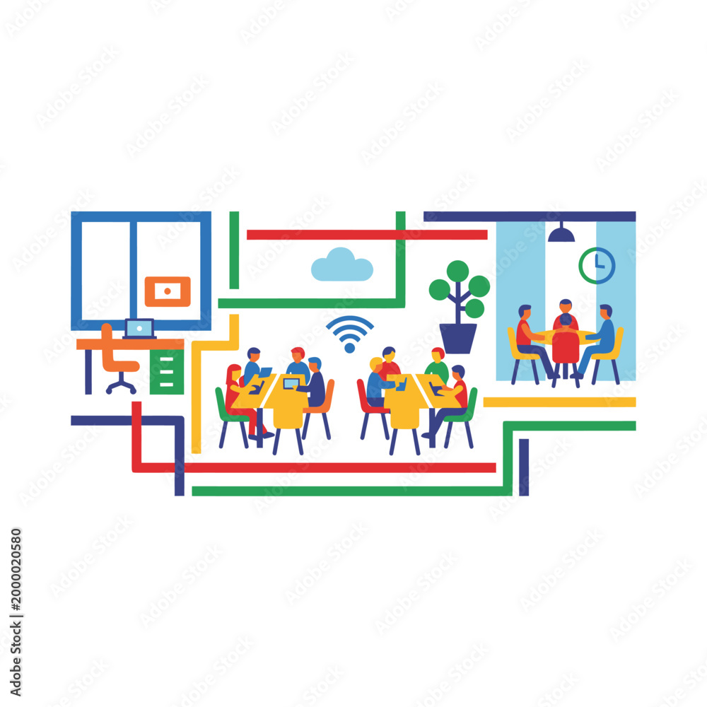 Fototapeta premium Modern collaborative office workspace with people working illustration