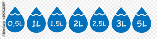 Water capacity symbols set. Liquid drop icon collection with fluid volume in liters.