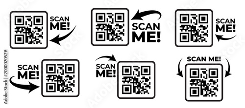 Scan me icon set with QR code and arrow. Qrcode template collection for mobile app