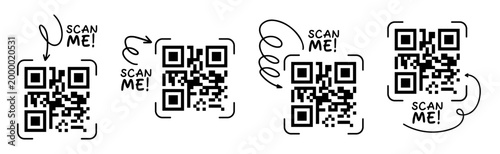 Scan me icon set with QR code and doodle arrow. Qrcode template collection for mobile app