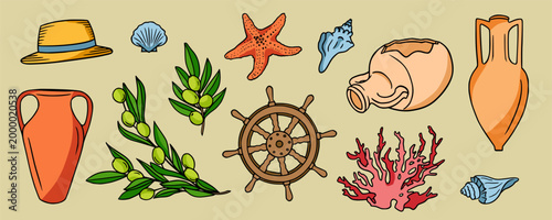 Summer vacation doodle elements set. Dolce vita colorful drawings with Greek amphorae, olives, seashells, corals, etc.