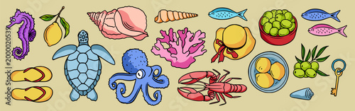 Summer vacation doodle elements set. Dolce vita colorful drawings with beach flip-flops, hat, shells, lemons, corals, octopus and other marine animals