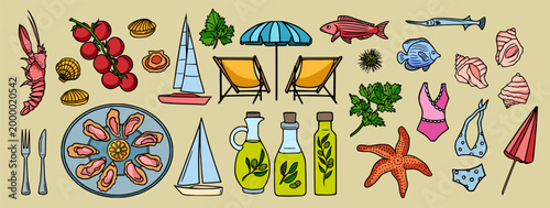 Summer vacation doodle elements set. Dolce vita colorful drawings with yachts, bathing accessories, deck chairs, beach umbrellas, olive oil, seafood, etc.