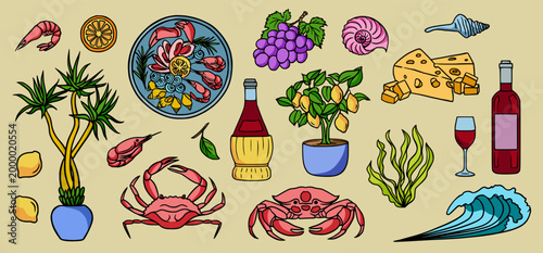 Summer vacation doodle elements set. Dolce vita colorful drawings with seafood, lemons, wine, grapes, crabs, palm trees, etc.