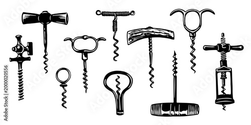 Vintage sketch illustration of Corkscrew. Wine opener collection