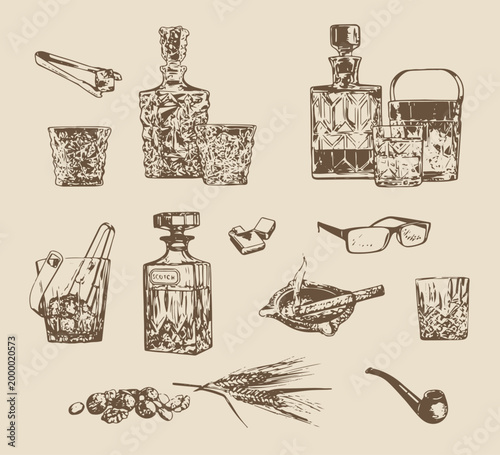 Whiskey vintage set with bottles, glasses, ice cubes and smoking accessorizes. Hand drawn sketch elements for pub or bar menu