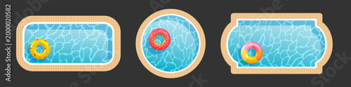 Swimming pool set Top view with water ripple pattern and colorful floaties