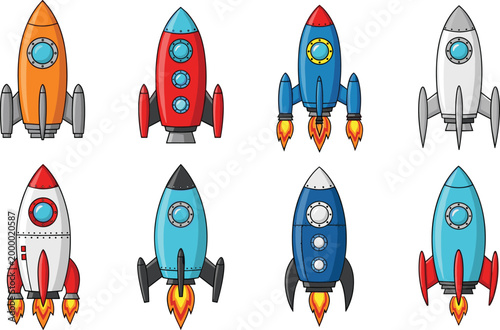 Set of Colorful Cartoon Rocket Ship Vector Illustrations for Space Exploration Themes, Business Startup Launches, Science Education, Technology Innovation, and Galactic Adventure Graphics