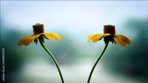 unison. Two flowers on one stem swaying in unison with soft lighting and a blurred background. gardening catalogs, home-decor guides, designed for gardening and botanical catalogs.