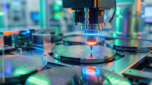 Semiconductor wafer fabrication with precision laser probe machine in tech cleanroom. Microchip lithography and silicon processing for advanced electronics manufacturing and nanotechnology