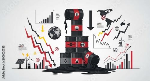 Oil barrels and charts showing market decline.
