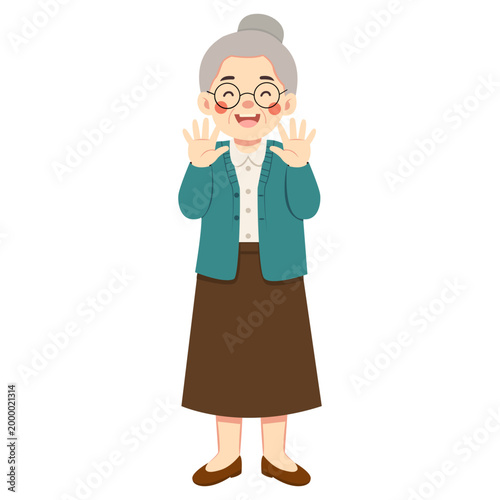 Elderly Woman Raising Both Hands While Smiling Happily And Showing Friendly Greeting Expression