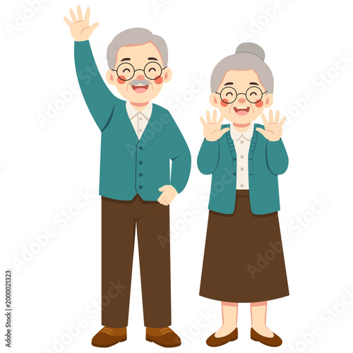 Elderly Couple Standing Side By Side While Waving Hands Happily With Friendly