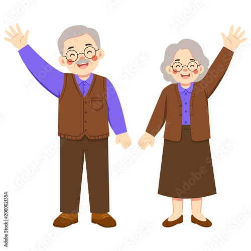 Elderly Couple Standing Side By Side While Waving Hands Happily And Greeting With Friendly