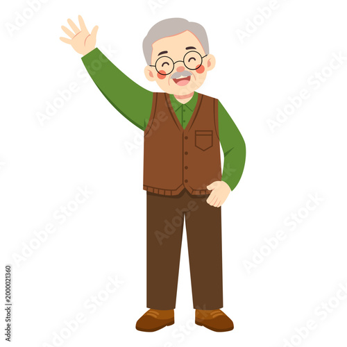 Elderly Man Waving Hand Happily While Standing And Greeting With Friendly Expression