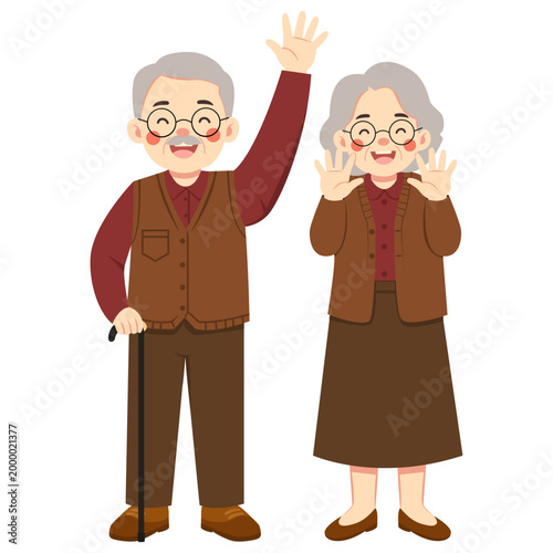 Elderly Couple Waving Hands Happily While Standing Together With Friendly Expression