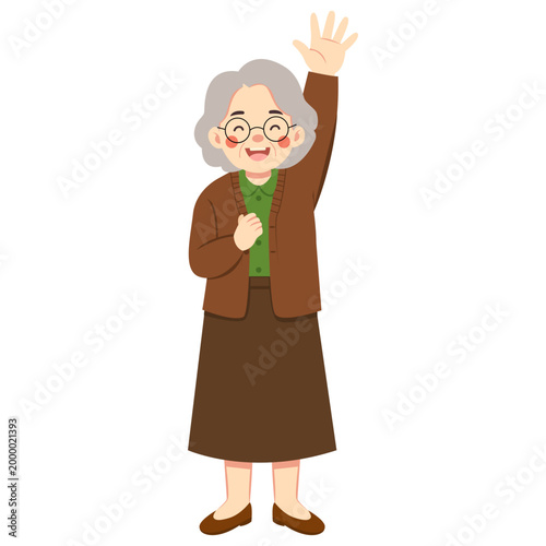Elderly Woman Waving Hand Happily While Standing And Greeting With Friendly Expression