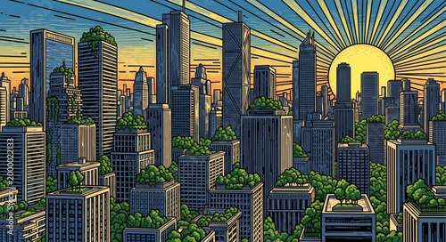 Futuristic Eco City Skyline with Green Buildings and Sun.