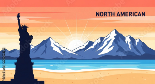 Statue of Liberty silhouette against a vibrant sunset over snow-capped mountains and ocean representing North America travel and iconic landmark