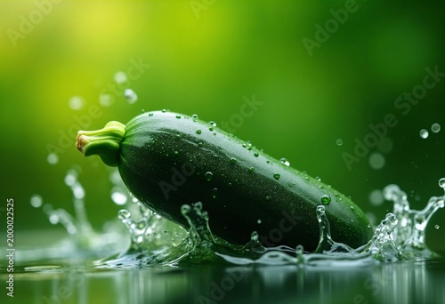 The image shows a fresh green zucchini splashing in water, highlighting its moisture and freshness