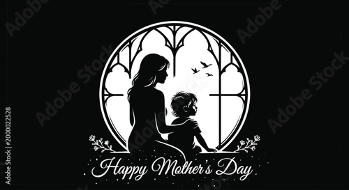 Mother and child silhouette within a circular frame with floral details