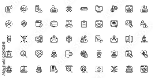 Internet Safety icon set. Minimal thin line vector pack. Includes phishing, friend request, smartphone, encrypted, web browser, cyber attack, firewall, hacker, padlock, safe, email and more.