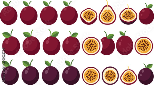 Passion Fruit Illustration Set Featuring Whole and Cut Tropical Fruits with Seeds in Flat Design Style for Healthy Food, Juice, and Organic Product Concepts