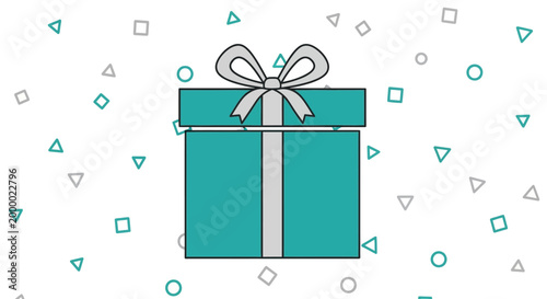 Turquoise gift box with silver ribbon on white background with geometric shapes