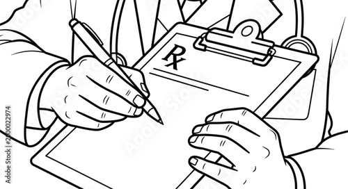 Doctor writing prescription on clipboard with Rx symbol.
