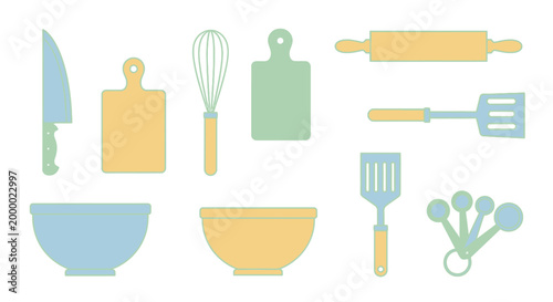 Kitchen utensils illustration whisk knife spatula rolling pin bowls and cutting boards