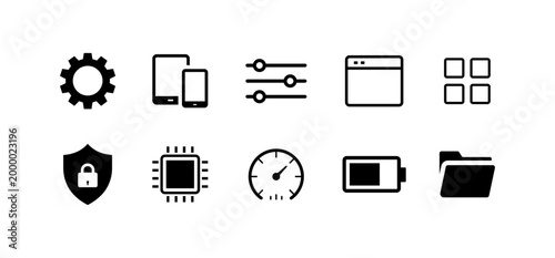 Modern tech UI icons set, minimalist line interface symbols for app and dashboard, gear settings, devices, sliders, window, grid, shield lock, microchip, speedometer, battery, folder. Vector icons