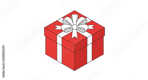 Isometric red gift box with white ribbon isolated on white background