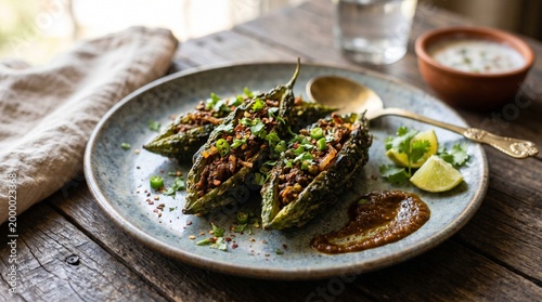 Fotografie Delicious and authentic Indian stuffed bitter gourds, known as Karela, are beaut