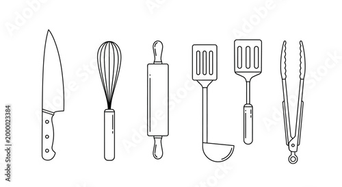 Outline kitchen utensils set isolated white background vector illustration