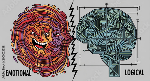 Emotional versus logical brain concept illustration.