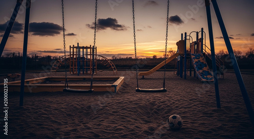 Abandoned playground with swings and slide at sunset with a soccer ball on the ground