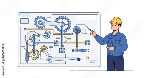 Engineer explaining complex mechanical diagram with gears and levers.