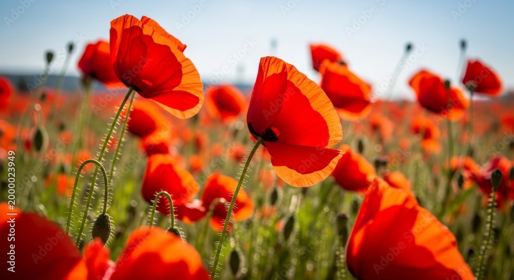 Naklejka premium Vibrant Red Poppies Swaying in a Sunny Field