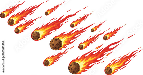 Meteor Fireball Set with Flaming Asteroids and Burning Space Rocks Dynamic Comet Illustration for Sci Fi Astronomy Design and Cosmic Impact Concept