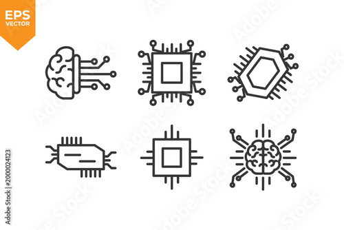 Set of line icons related to Processor, Machine Learning. Vector illustration.