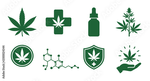 Cannabis and medical icons set green flat vector illustration