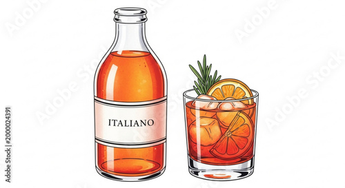 Italiano aperitif bottle and cocktail with orange slice and rosemary refreshing summer drink illustration isolated on white background