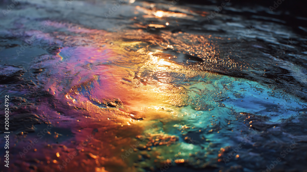 Fototapeta premium A vibrant rainbow-colored oil slick shimmers on a wet, dark surface, reflecting light in an abstract, fluid pattern.